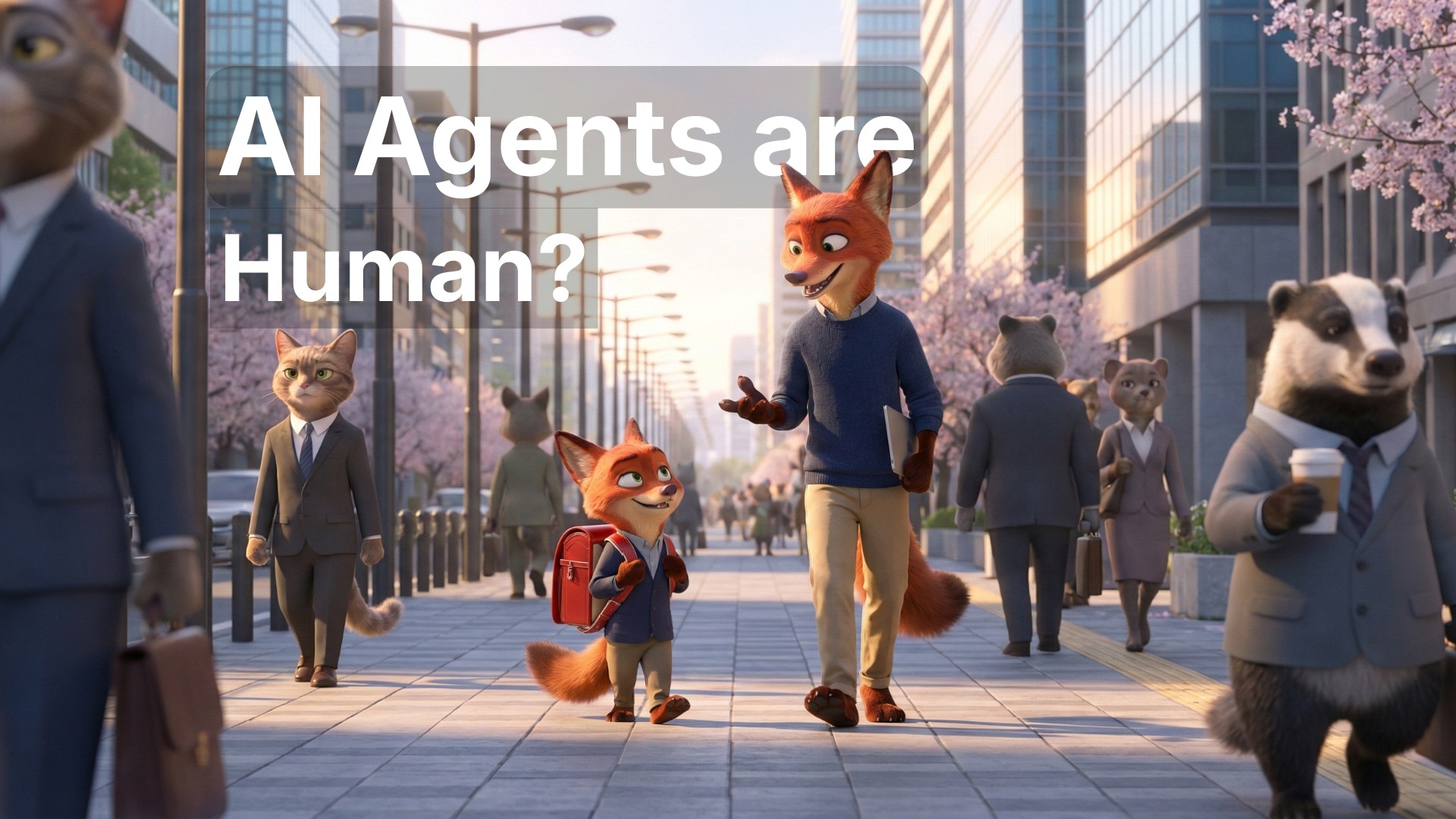 a sophisticated adult fox in a navy sweater walking with a young fox wearing a red randoseru on a sun-drenched tokyo sidewalk.