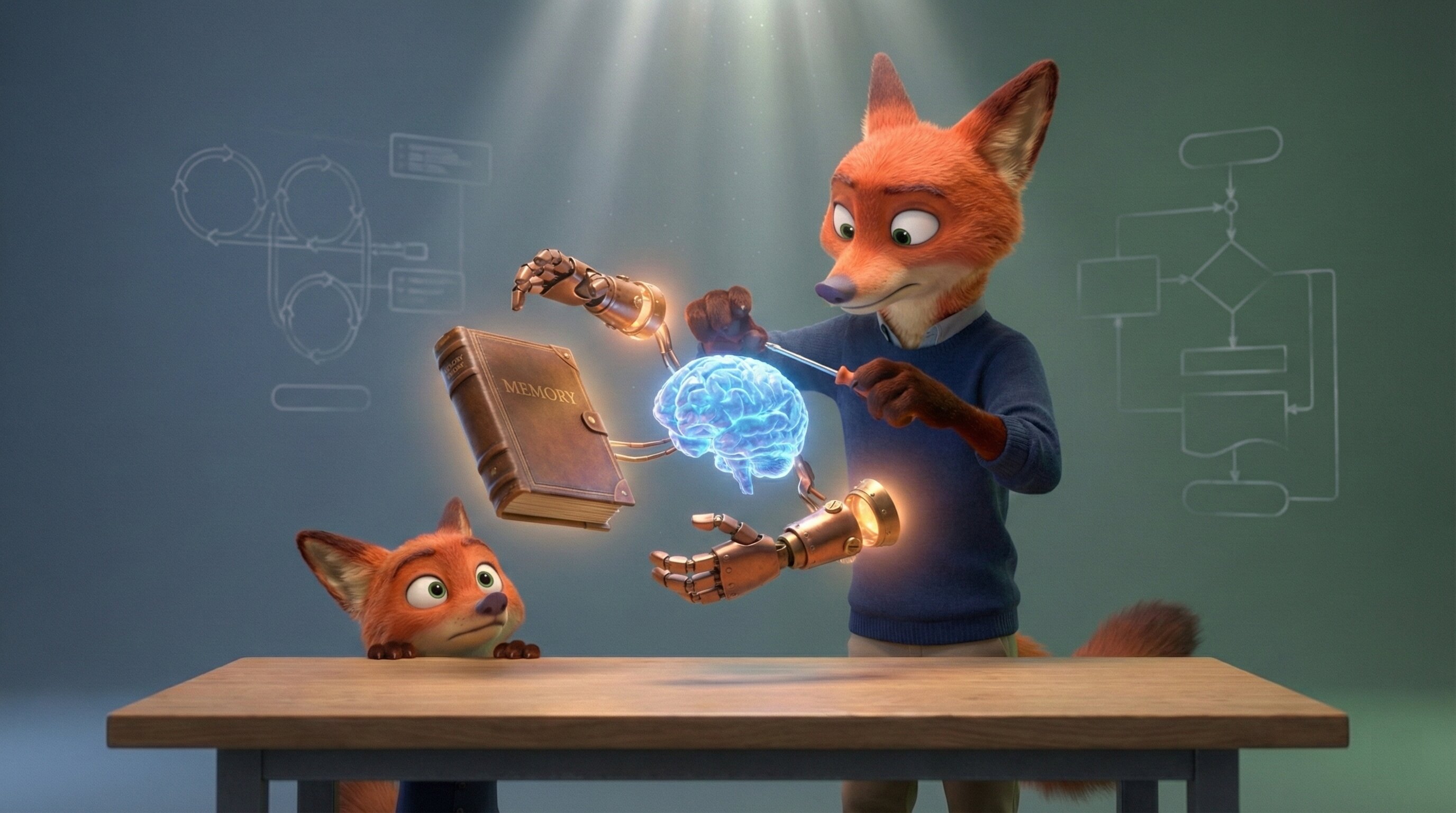 Anthropomorphic fox inventor assembling a floating ai agent model consisting of a crystalline brain, mechanical hands, and a floating book. a curious young fox looks on in a slate blue and forest green stylized studio setting.