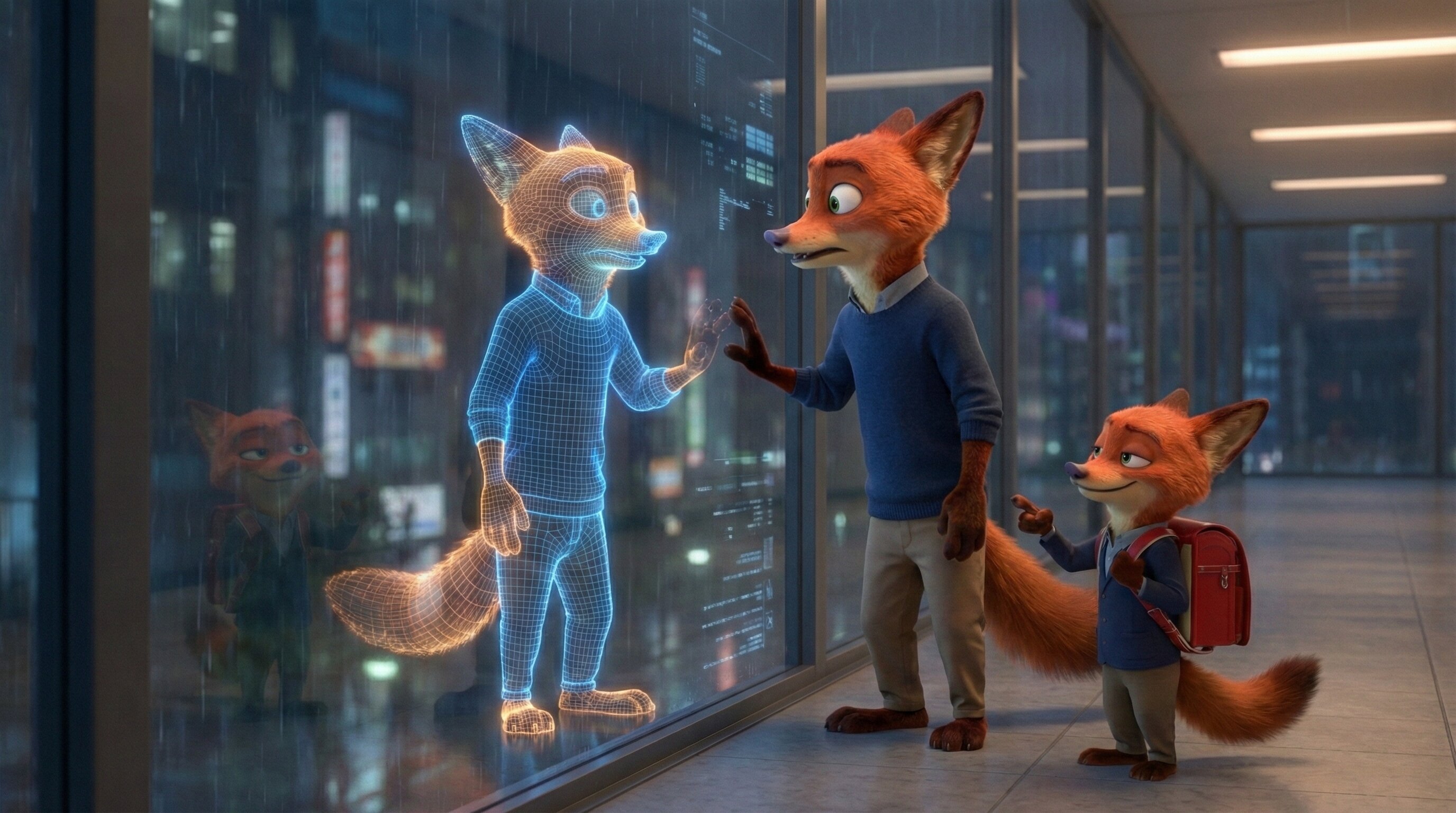 an adult fox looking at his wireframe digital agent reflection in a glass-walled hallway while a young fox points. reflective 3d render exploring the duality of organic life and digital city data, featuring a red randoseru backpack.