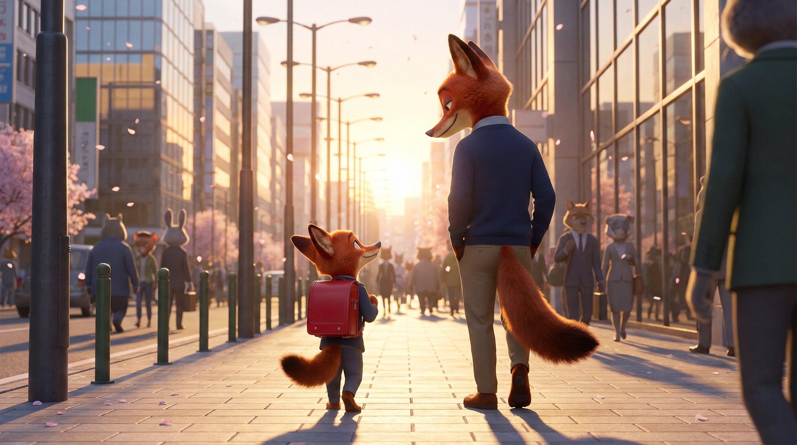 a young fox with a red randoseru walking confidently ahead of an adult fox on a sun-drenched tokyo sidewalk at sunrise.