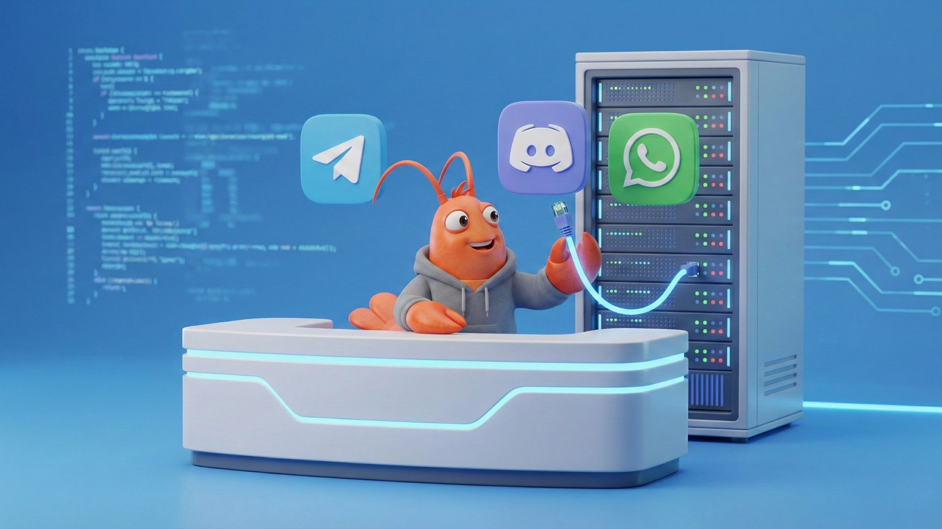 A cartoon orange lobster in a hoodie acting as a receptionist, connecting chat app icons like Telegram and WhatsApp to a server, illustrating the Gateway component.