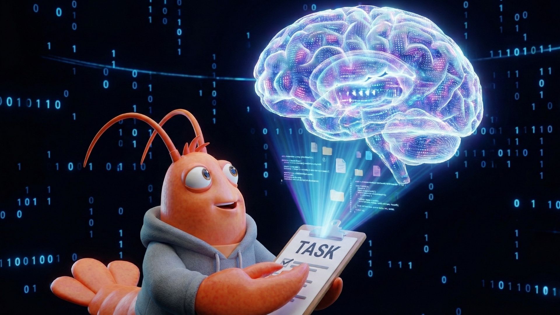 An orange lobster holding a task clipboad connected by a light beam to a giant glowing holographic brain, representing the AI model or &lsquo;Brain&rsquo; of the architecture.