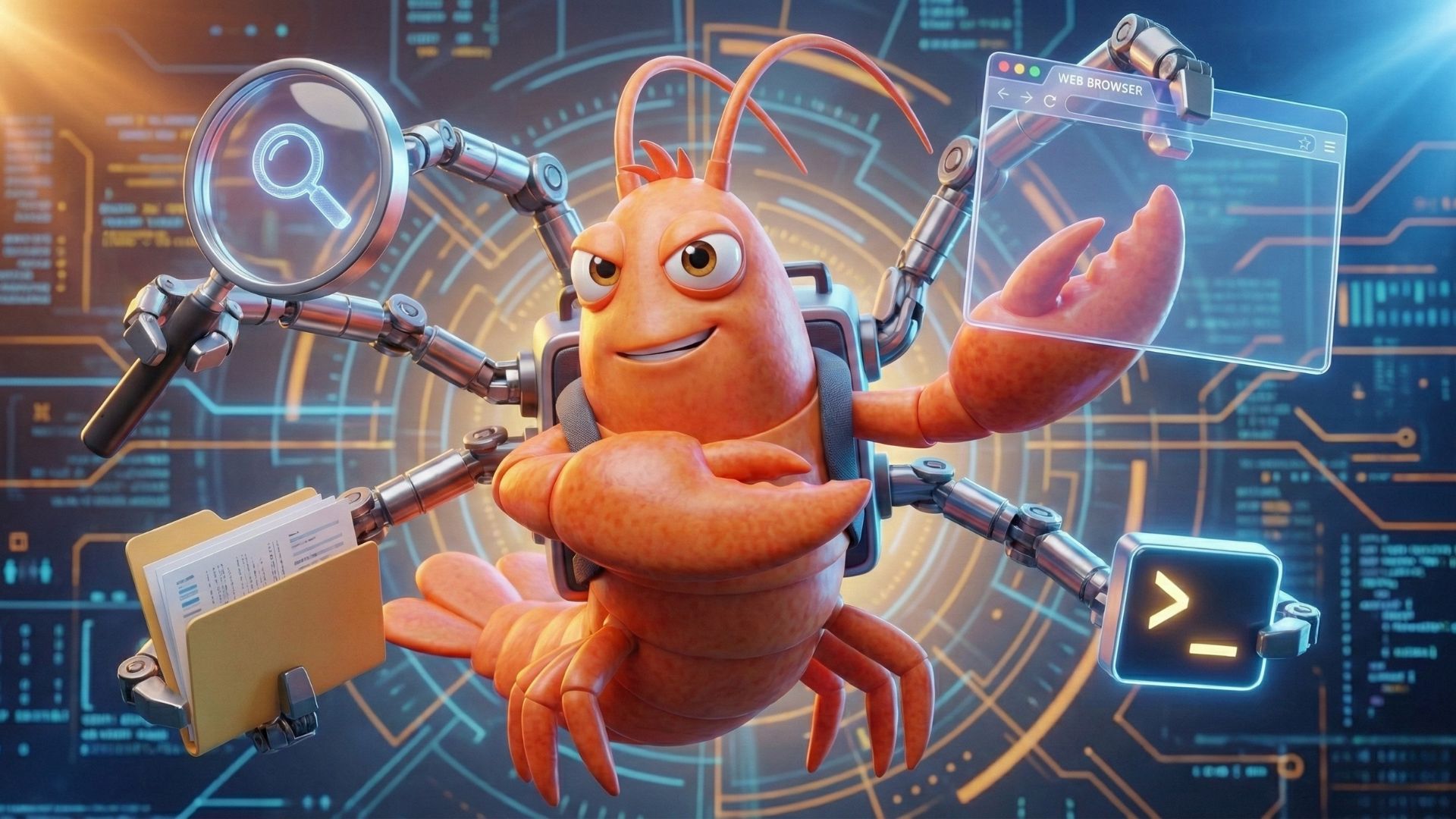 An orange lobster with multiple robotic arms holding tools like a magnifying glass, folder, and browser window, visualizing the &lsquo;Hands&rsquo; or tool capabilities of the agent.