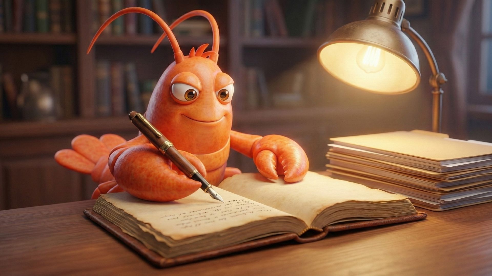 An orange lobster writing in a journal at a desk with files stacked nearby, illustrating the concept of simple, text-based Memory.